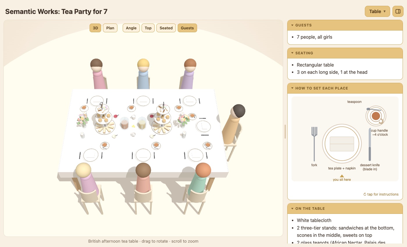 The 3D tea table: seven guests on curved chairs, two three-tier stands, two glass teapots, bouquets and floating candles